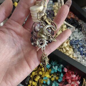 Steampunk Skull Diffuser with a Detachable Keychain with a Raven, Gears & Moon
